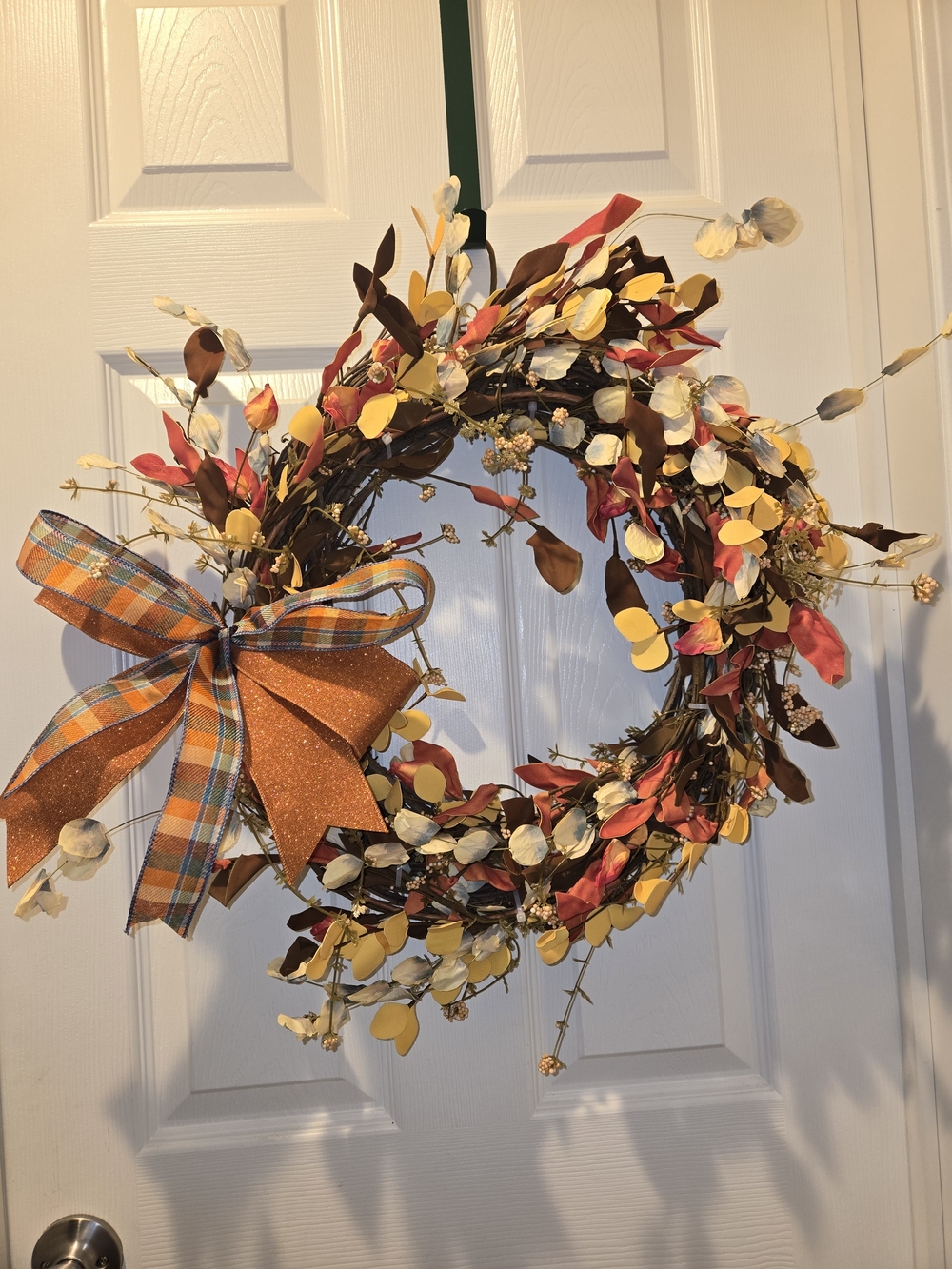Autumn Harvest Fall Wreath with Orange Plaid Bow